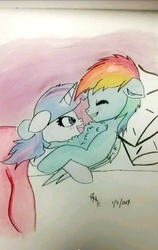 Size: 400x632 | Tagged: safe, artist:captainloafnugget, rainbow dash, twilight sparkle, pegasus, pony, g4, bed, chest fluff, duo, female, fluffy, lesbian, pillow, ship:twidash, shipping, snuggling