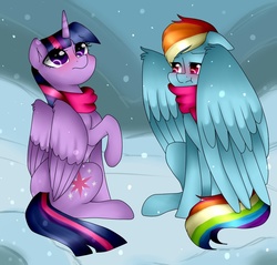 Size: 914x875 | Tagged: safe, artist:oniiponii, rainbow dash, twilight sparkle, alicorn, pegasus, pony, g4, blushing, clothes, colored pupils, commission, duo, floppy ears, looking up, raised hoof, scarf, scrunchy face, sitting, snow, twilight sparkle (alicorn), wing fluff