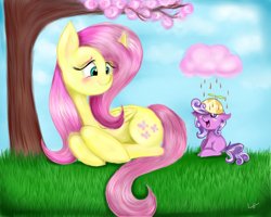 Size: 1280x1024 | Tagged: safe, artist:lcpegasister75, fluttershy, screwball, earth pony, pegasus, pony, g4, chocolate, chocolate rain, cloud, cotton candy, cotton candy cloud, duo, female, filly, food, grass, hat, propeller hat, rain, tree