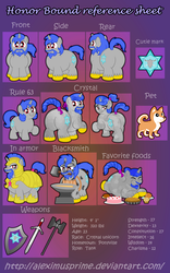 Size: 1024x1644 | Tagged: safe, artist:aleximusprime, oc, oc only, oc:faithful bond, oc:honor bound, crystal pony, dog, pony, unicorn, anvil, armor, belly, bhm, big belly, blacksmith, broken horn, butt, chubby, cute, cutie mark, fat, female, food, hammer, horn, large butt, male, mare, plot, reference sheet, rule 63, shield, smithing, stallion, sword, war hammer, weapon