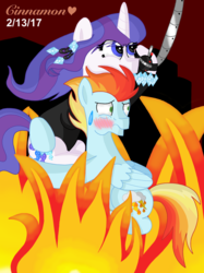 Size: 2048x2732 | Tagged: safe, artist:cinnamon-swirls, oc, oc only, oc:diamond jewel, oc:fire storm, blushing, clothes, female, fire, high res, jewelry, male, oc x oc, offspring, offspring shipping, parent:fancypants, parent:rainbow dash, parent:rarity, parent:soarin', parents:raripants, parents:soarindash, shipping, story included, straight, sweat