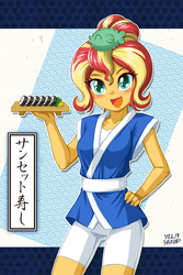 Size: 800x1200 | Tagged: safe, artist:uotapo, sunset shimmer, human, puffer fish, equestria girls, g4, good vibes, my little pony equestria girls: summertime shorts, alternate hairstyle, blushing, clothes, colored pupils, compression shorts, cute, female, food, hairpin, hand on hip, happi, japanese, obi, open mouth, seafood, shimmerbetes, shorts, smiling, solo, standing, sunset sushi, sushi, that was fast, toy interpretation, tray