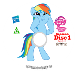 Size: 2032x1898 | Tagged: safe, rainbow dash, pegasus, pony, g4, season 1, bipedal, dashface, disc, dvd, female, hasbro, hasbro logo, mare, my little pony logo, seinfeld, simple background, smiling, solo, transparent background, unfortunate design