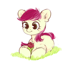 Size: 1280x1104 | Tagged: safe, artist:rilefusshel, roseluck, earth pony, pony, g4, blushing, cute, ear fluff, female, flower, grass, lying down, lying in grass, mare, prone, rosabetes, rose, simple background, solo, white background