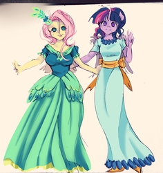 Size: 3152x3340 | Tagged: safe, artist:kyotoxart, fluttershy, twilight sparkle, alicorn, anthro, g4, breasts, clothes, dress, duo, female, gala dress, high res, looking at you, simple background, smiling, traditional art, twilight sparkle (alicorn)