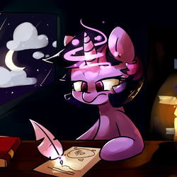 Size: 5000x5000 | Tagged: safe, artist:luxaestas, twilight sparkle, pony, g4, absurd resolution, book, candle, crescent moon, female, glowing horn, horn, magic, moon, night, quill, solo, tired, writing