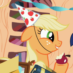 Size: 510x510 | Tagged: safe, screencap, applejack, earth pony, pony, unicorn, g4, secret of my excess, animated, apple, aweeg*, chubby cheeks, cropped, cute, female, floppy ears, food, gif, happy, hat, jackabetes, mare, party hat, puffy cheeks, smiling, solo focus, that pony sure does love apples