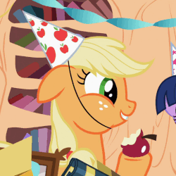 Size: 510x510 | Tagged: safe, screencap, applejack, spike, twilight sparkle, dragon, earth pony, pony, unicorn, g4, secret of my excess, animated, apple, aweeg*, cropped, cute, eyes closed, female, floppy ears, food, gif, happy, hat, hug, jackabetes, mare, open mouth, party hat, puffy cheeks, smiling, solo focus, spikabetes, surprised