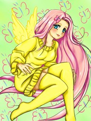 Size: 1050x1400 | Tagged: safe, artist:kyotoxart, fluttershy, human, g4, barrette, blue eyes, blushing, clothes, cutie mark hair accessory, cyan eyes, female, hair accessory, human female, humanized, legs, light skin, pink hair, sitting, socks, solo, stockings, sweater, sweater dress, sweatershy, thigh highs, winged humanization, wings, yellow socks, yellow sweater