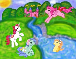 Size: 606x478 | Tagged: safe, artist:kawaii-doremi-chan, sea pony, g1, bow, dream castle, river, sun, tail bow, tree, waterfall