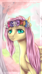Size: 924x1600 | Tagged: safe, artist:lou1911, fluttershy, pegasus, pony, g4, bust, female, floral head wreath, flower, folded wings, looking at you, portrait, solo