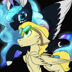 Size: 2560x2560 | Tagged: safe, artist:brokensilence, princess luna, oc, oc:noctis, g4, alternate design, cute, glowing eyes, glowing mane, glowing tail, high res, shipping