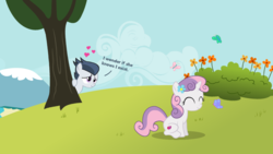 Size: 1276x722 | Tagged: safe, artist:lunaticdawn, rumble, sweetie belle, pegasus, pony, unicorn, g4, ^^, colt, crush, eyes closed, female, filly, flower, flower in hair, foal, heart, male, ship:rumbelle, shipping, straight
