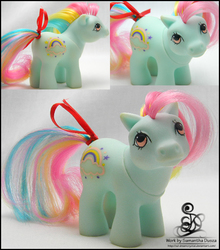 Size: 600x682 | Tagged: safe, artist:sd-dreamcrystal, baby sunribbon, pony, g1, baby, baby pony, bow, customized toy, irl, photo, solo, tail bow, toy
