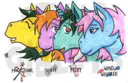 Size: 460x300 | Tagged: safe, artist:felflowne, fizzy, magic star, shady, wind whistler, g1, my little pony: the movie (g1), traditional art, watermark