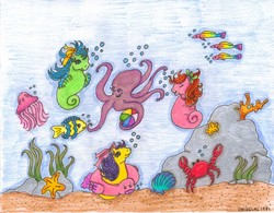 Size: 3236x2528 | Tagged: safe, artist:okiegurl1981, crab, fish, jellyfish, sea pony, starfish, g1, beach ball, bubble, coral, high res, traditional art, underwater