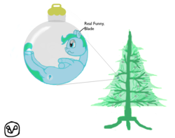 Size: 1273x1005 | Tagged: safe, artist:thebipedalvisitor, oc, oc only, oc:delphina depths, pony, christmas ornament, christmas tree, crossed legs, decoration, implied oc, micro, solo, tree, unamused