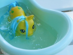 Size: 800x600 | Tagged: safe, artist:angelms, bubbles (g1), pony, g1, baby, baby pony, bathtub, customized toy, irl, photo, solo, toy