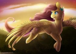 Size: 4092x2893 | Tagged: safe, artist:pillonchou, fluttershy, pony, g4, beautiful, female, flying, high res, large wings, looking back, open mouth, sky, smiling, solo, spread wings, sunset, wings