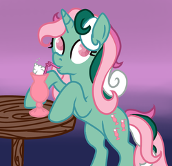 Size: 1651x1587 | Tagged: safe, artist:deadgirlslikeme, fizzy, pony, g1, female, milkshake, solo, straw, table