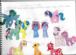 Size: 900x654 | Tagged: safe, artist:x-nicole, applejack (g1), bow tie (g1), bubbles (g1), ember (g1), firefly, fizzy, galaxy (g1), medley, posey, sweet stuff, twilight, g1, g4, coat markings, facial markings, g1 to g4, generation leap, star (coat marking), traditional art