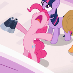 Size: 512x513 | Tagged: safe, screencap, applejack, pinkie pie, twilight sparkle, earth pony, pony, unicorn, g4, secret of my excess, animated, animation error, applejack's hat, binoculars, cowboy hat, cropped, female, gif, hat, looking up, mare, nose in the air, open mouth, ponk, volumetric mouth