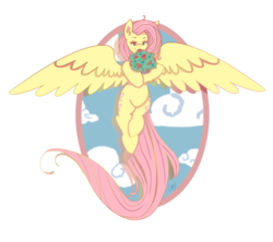 Size: 1024x910 | Tagged: safe, artist:cckittycreative, fluttershy, pegasus, pony, g4, bouquet, female, flying, smiling, solo, spread wings