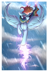 Size: 2000x3000 | Tagged: safe, artist:misfit, rainbow dash, pony, g4, cloud, female, high res, lightning, looking at you, rain, solo