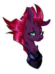 Size: 533x719 | Tagged: safe, artist:symphstudio, fizzlepop berrytwist, tempest shadow, pony, g4, my little pony: the movie, big ears, broken horn, bust, chest fluff, eye scar, female, horn, lidded eyes, looking at you, mare, scar, simple background, smiling, solo, transparent background