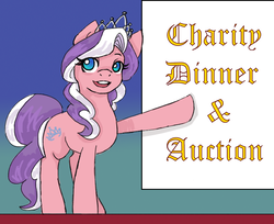 Size: 859x700 | Tagged: safe, artist:cckittycreative, diamond tiara, earth pony, pony, g4, blackletter, charity, charity auction, female, older, sign, solo