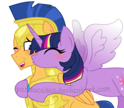 Size: 853x745 | Tagged: safe, artist:ipandacakes, flash sentry, twilight sparkle, alicorn, pony, g4, armor, cheek kiss, female, hug, kissing, male, ship:flashlight, shipping, simple background, straight, transparent background, twilight sparkle (alicorn)