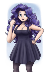 Size: 1075x1600 | Tagged: safe, artist:king-kakapo, rarity, human, g4, beautiful, breasts, busty rarity, cleavage, clothes, dress, eyeshadow, female, hand on hip, humanized, jewelry, makeup, nail polish, pendant, simple background, smiling, solo