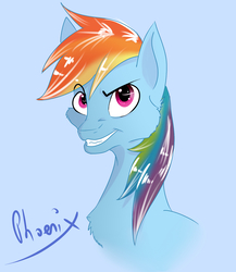 Size: 1300x1500 | Tagged: safe, artist:dustyduster, rainbow dash, pony, g4, bust, female, grin, portrait, signature, smiling, solo