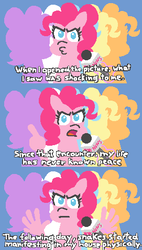 Size: 271x477 | Tagged: safe, artist:threetwotwo32232, pinkie pie, earth pony, pony, g4, comic, cursed image, female, hand, interview, mare, solo, suddenly hands