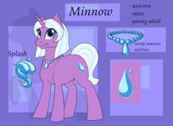 Size: 1145x840 | Tagged: safe, artist:mythpony, oc, oc only, oc:minnow, pony, unicorn, female, jewelry, mare, necklace, pearl necklace, reference sheet, solo