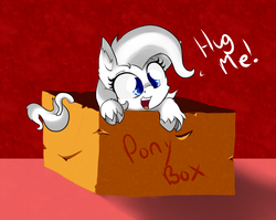 Size: 915x728 | Tagged: safe, artist:alazak, oc, oc only, pony, blue eyes, box, cloven hooves, cute, dialogue, female, mare, ocbetes, simple background, solo