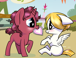 Size: 1024x778 | Tagged: dead source, safe, artist:loryska, oc, oc only, oc:brick, oc:sandy bloom, pegasus, pony, unicorn, blushing, colt, female, filly, heart eyes, magical gay spawn, male, mouth hold, offspring, parent:trenderhoof, parent:zephyr breeze, parents:trenderbreeze, valentine, valentine's day, wingding eyes