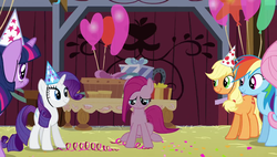 Size: 1920x1090 | Tagged: safe, screencap, applejack, fluttershy, pinkie pie, rainbow dash, rarity, twilight sparkle, pony, g4, my little pony: friendship is magic, party of one, balloon, barn, female, hat, mane six, party hat, pinkamena diane pie, sad