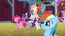 Size: 1920x1090 | Tagged: safe, screencap, fluttershy, pinkie pie, rainbow dash, rarity, twilight sparkle, pony, g4, party of one, balloon, barn, butt touch, chewing, conga, eating, hat, hoof on butt, party hat