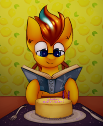 Size: 1661x2026 | Tagged: safe, artist:marsminer, oc, oc only, oc:particle haze, pony, birthday, birthday cake, book, cake, candle, chair, food, fork, glasses, knife, physics, reading, science, silverware, smiling, solo, studying