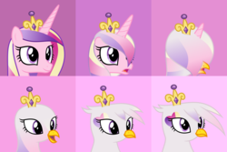 Size: 9600x6400 | Tagged: safe, artist:parclytaxel, princess cadance, alicorn, griffon, pony, g4, .svg available, absurd resolution, beak, bust, crown, female, griffonized, heart, jewelry, mare, pony to griffon, portrait, regalia, solo, species swap, transformation, transformation sequence, transformed, vector