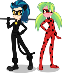 Size: 5541x6500 | Tagged: safe, artist:limedazzle, indigo zap, lemon zest, equestria girls, g4, absurd resolution, bodysuit, chat noir, clothes, duo, duo female, female, ladybug (miraculous ladybug), miraculous ladybug, sexy, show accurate, simple background, transparent background, vector