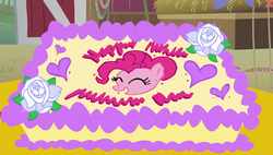 Size: 1920x1090 | Tagged: safe, screencap, pinkie pie, earth pony, pony, g4, party of one, birthday cake, cake, food, hapvw mnulh milnum nim, written equestrian