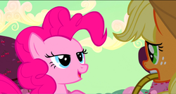 Size: 1360x730 | Tagged: safe, screencap, applejack, pinkie pie, pony, g4, my little pony: friendship is magic, the last roundup, basket, lidded eyes, mouth hold, scared