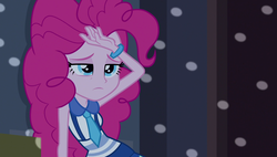 Size: 1920x1090 | Tagged: safe, screencap, pinkie pie, equestria girls, g4, my little pony equestria girls: friendship games, bracelet, female, jewelry, necktie, solo, tired