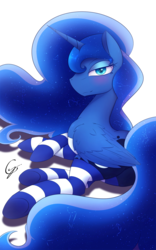 Size: 1200x1920 | Tagged: safe, artist:laptop-pone, princess luna, alicorn, pony, g4, blushing, clothes, female, simple background, socks, solo, striped socks, thigh highs, white background