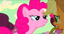 Size: 1360x730 | Tagged: safe, screencap, applejack, pinkie pie, pony, g4, the last roundup, basket, lidded eyes, mouth hold, scared