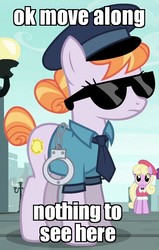 Size: 472x740 | Tagged: safe, edit, edited screencap, screencap, copper top, luckette, silver berry, earth pony, pony, g4, the gift of the maud pie, clothes, cuffs, frown, hat, image macro, meme, move along, necktie, officer barbrady, police, police pony, reaction image, south park, sunglasses