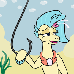 Size: 634x636 | Tagged: safe, artist:jargon scott, princess skystar, seapony (g4), g4, my little pony: the movie, bait, blue eyes, bubble, female, fins, flower, flower in hair, freckles, hook, hooky, jewelry, necklace, open mouth, pearl necklace, reaction image, solo, spongebob squarepants, this is bait, underwater, water