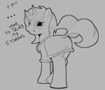 Size: 1438x1239 | Tagged: safe, artist:chrisgotjar, oc, oc only, oc:dewdrop, pony, unicorn, blushing, butt, clothes, cute, looking at you, monochrome, ocbetes, plot, skirt, solo